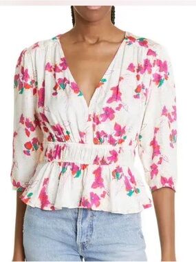 ba&sh White Peplum V-Neck Blouse with Pink Floral Print